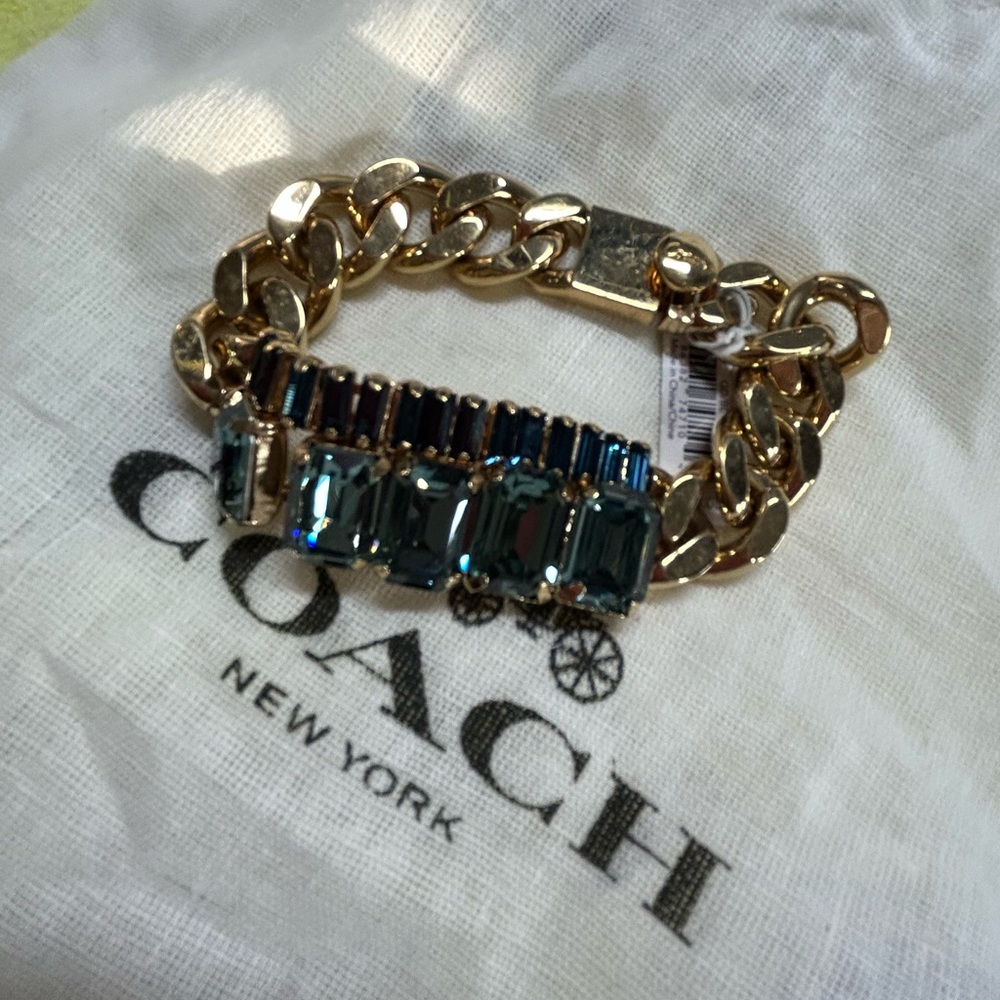 Coach Gold-Tone Chain Bracelet with Blue-Green Crystal Bars